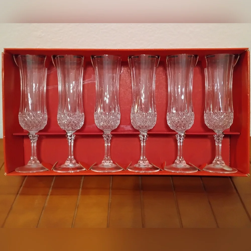 Vintage Cristal d'Arques 6 Longchamp Champagne Flutes French Diamond Cut Crystal